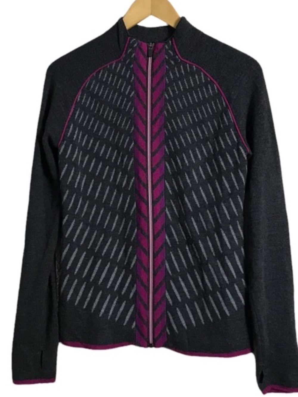 Krimson Klover gray and fuchsia full zip Ultra fine merino wool sweater Small